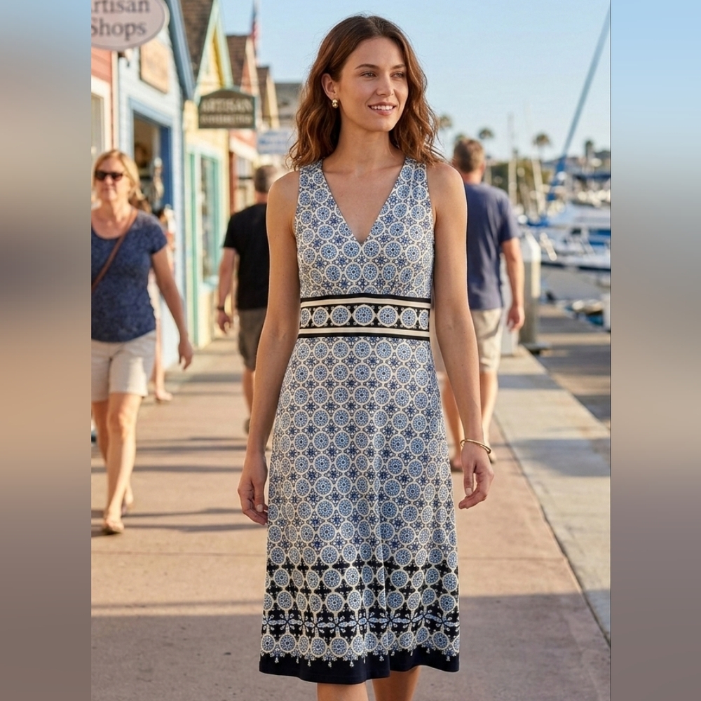 Max Studio Women's Blue Yellow Gemetric Print Sleeveless Midi Dress - Size Small